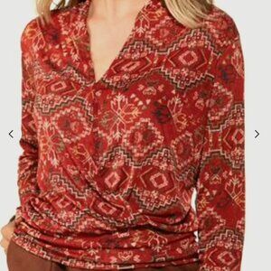 Cato's Aztec Print Mock Wrap Long Sleeve Blouse Size Large